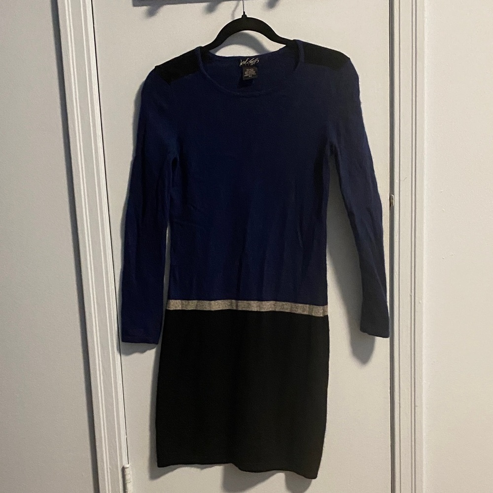 Lord & Taylor Blue and Black Long Sleeve Sweater dress, wool and Cashmere